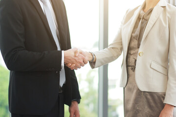 Successful businessman and businesswoman happy and shake hands after meeting for partnership in...