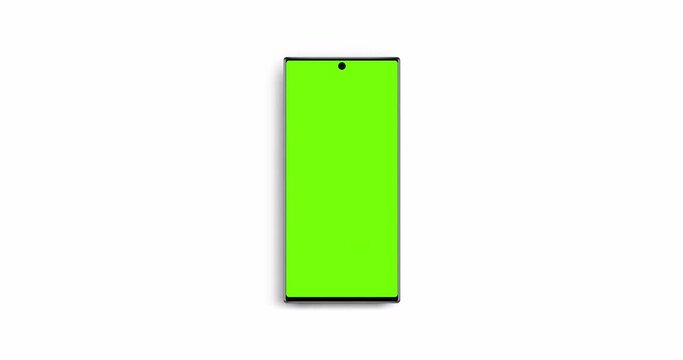 Smartphone mockup with green screen, front view, isolated on white background. 4K animation with camera track motion