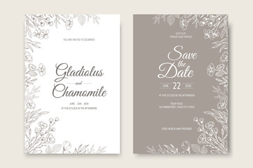 Wedding invitation card template design. Template, Frame with Flowers, Branches, Plants.
