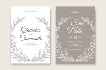 Fototapeta na wymiar Wedding invitation card template design. Template, Frame with Flowers, Branches, Plants.