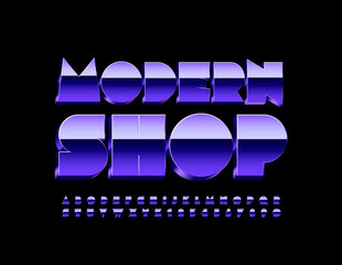 Vector purple logo Modern Shop. Abstract Metal Font. Glossy creative Alphabet Letters and Numbers