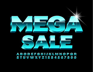 Vector promo banner Mega Sale. Bright Metal Font. Glossy 3D Alphabet Letters and Numbers