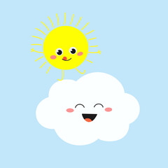 Funny sun standing on cute laughing cloud