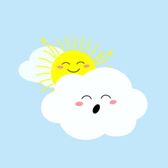 Happy sun stretching and sleepy cloud yawning