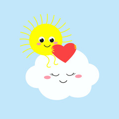 Cute sun with heart sitting on cloud
