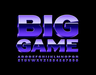 Vector violet banner Big Game. Bright Reflective Font. Metal 3D Alphabet Letters and Numbers