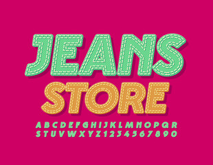 Vector denim emblem Jeans Store. Green Fabric Font. Trendy textile Alphabet Letters and Number