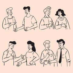 Group of people doodles in conversation. Hand-drawn cartoon vector illustration
