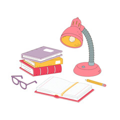 Stack of books, desk lamp, glasses, and a pencil on the table. The student's workplace in the classroom or at home