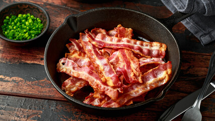Fried crunchy Streaky Bacon pieces in a cast iron skillet