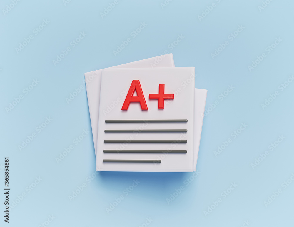 Poster a plus grade exam result icon, symbol. cartoon style minimal concept. 3d rendering