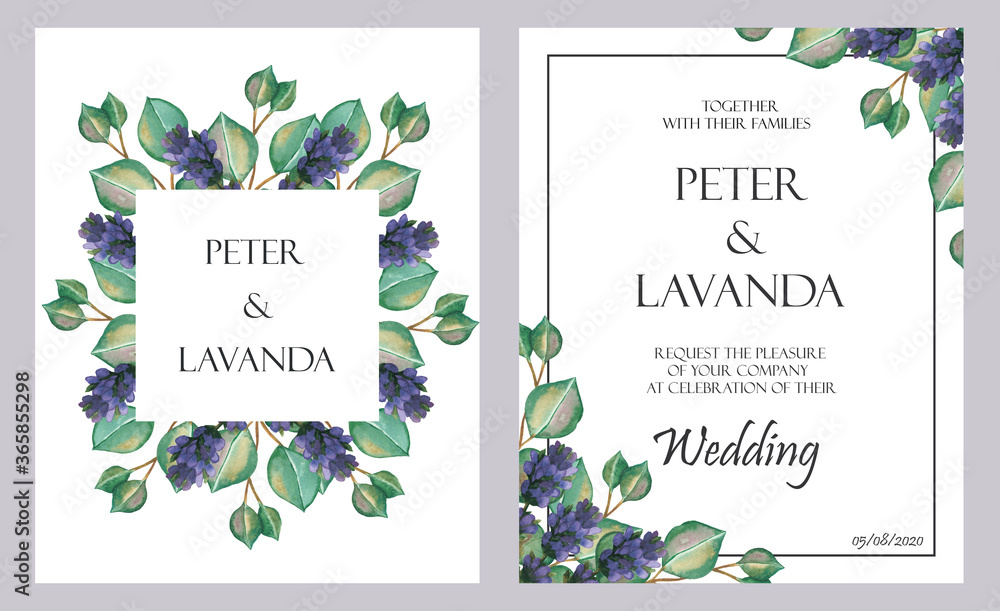 Wall mural Watercolor hand painted nature floral wedding two frames set with green eucalyptus leaves and purple lavender flower branch composition, names and text on the white background for invitation cards