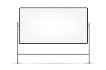 Blank white board. Isolated empty business presentation white board on stand. Vector blank whiteboard frame with copy space. Education and seminar concept