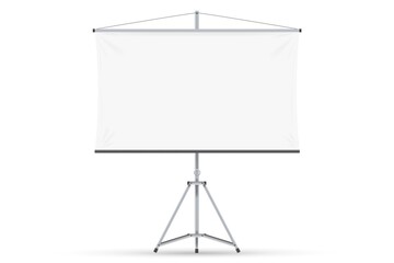 Blank projection screen. Isolated empty white projection screen display on tripod. Vector education, visual presentation, business conference concept