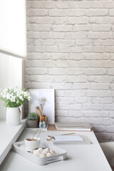 Work table near the window in the Scandinavian Nordic style. Female work and home office concept. White and gold office. Flowers in a vase and rings, bracelets on the table.