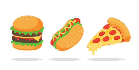 Fast food set. Hot dog hamburgers and pizza are popular American food. isolate on white background.