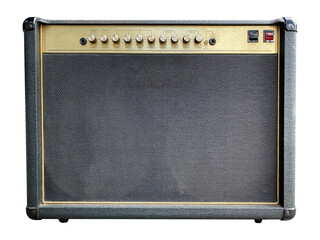 Isolated black leather and gold control panel vintage electric guitar British style amplifier on white background with clipping path. Popular amp in rock metal music. front view photo.