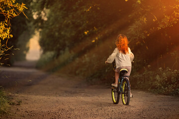 little girl goes with a bicycle on a rural road in nature at sunset	