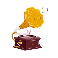 Old gramophone isolated on a white background. Vector flat illustration. Playing music.  - obrazy, fototapety, plakaty