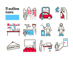 Mass disinfection color line icon. Cleaning service. Worker in protective suit with disinfector sprayer. Pictograms for web, mobile app, promo. UI UX design element