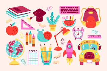 Back to school cute elements set. Childish print for cards, posters, invitations and stickers. Vector Illustration