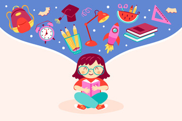 Back to school concept with cute girl reading book and school elements. Childish print for cards, posters, invitations and banner. Vector Illustration