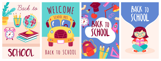 Back to school banner set. Childish print for cards, posters, invitations and banner. Vector Illustration