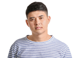 Asian man with cold sore on white background