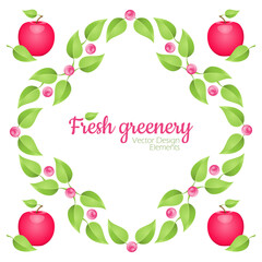 Summer design template with fresh green leaves and red apple