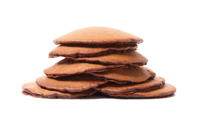 Delicious chocolate pancakes on white background