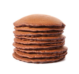 Delicious chocolate pancakes on white background