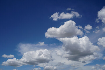 Naklejka na ściany i meble The beautiful bright sky with many white fluffy clouds fly on blue and clear background