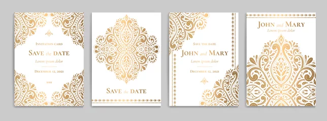 Fototapeten Wedding invitation card with luxury gold pattern design on a white background. Vintage ornament template. Can be used for flyer, wallpaper, packaging or any desired idea. Elegant vector elements. © Annartlab