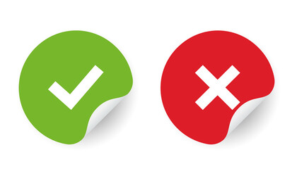 Obraz premium Red and green check mark stickers. Validation icon. Tick and cross signs. Green checkmark and red X isolated icons.