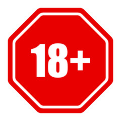 18 red sign warning symbol. Over 18 plus only censored. Eighteen age older forbidden adult content. Under eighteen years prohibition sign.