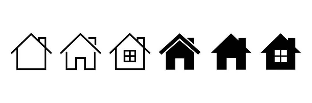 Vector home icons. House symbol. Set of real estate objects and houses black icons isolated on white background.