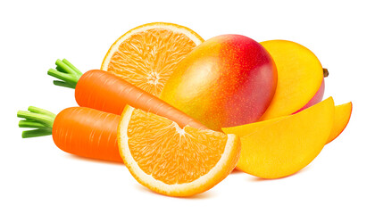 Orange, mango and carrot isolated on white background. Fruit and vegetable mix
