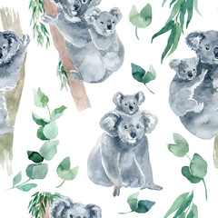 watercolor seamless pattern with koala with eucalyptus branches. The symbol of Australia is a cute koala bear with a cub behind its back. Koala sketch hand-drawn. © Anastasiia
