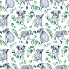 watercolor seamless pattern with koala with eucalyptus branches. The symbol of Australia is a cute koala bear with a cub behind its back. Koala sketch hand-drawn.