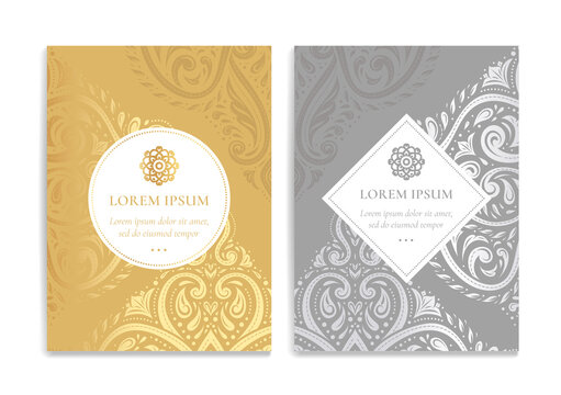 Silver and gold luxury invitation card design. Vintage ornament template. Can be used for background and wallpaper. Elegant and classic vector elements great for decoration.