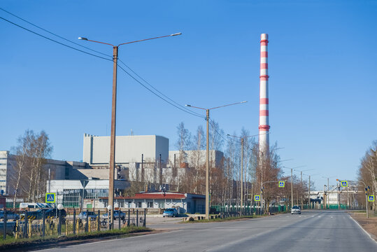 SOSNOVY BOR, RUSSIA - MAY 03, 2020: Sunny day in may on the Koporskoe highway. View of the buildings of the Leningrad Nuclear Power Plant