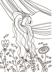 Woman face with flowers one line drawing. sleep in a hammock. The art of drawing continuous lines. Bouquet of flowers in a woman's head single line art.Minimalist black and white drawing