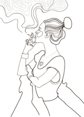 Smoking Woman Cigarette One Line Art Drawing Girl And Smoke Minimal Linear