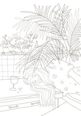 One continuous drawing line young sad girl with wine from a glass. palm tree on kitchen Single hand drawn art line doodle outline isolated minimal illustration cartoon character flat