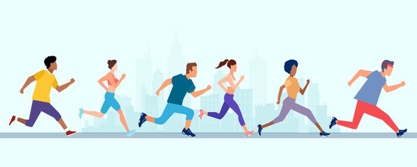 Vector of men and women running marathon jogging on a city street.