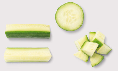 Sliced cucumbers on a white background