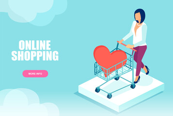 vector of a woman with shopping cart and red heart