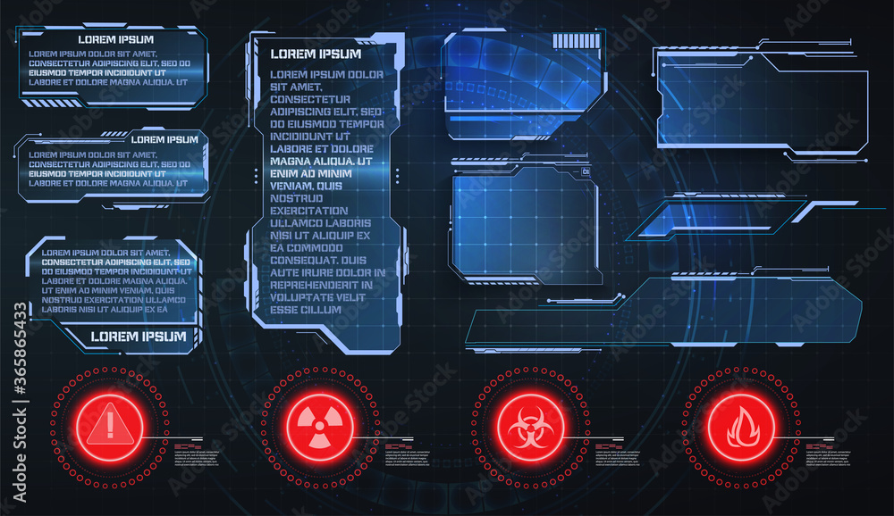 Poster HUD, UI, GUI futuristic frame user interface screen elements set. Set with call outs communication. Abstract control panel layout design. Virtual hi Scifi technology gadget interface for game app