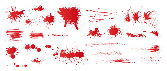 Set of realistic bloody splatters. Drop and blob of blood. Bloodstains. Isolated. Vector illustration - obrazy, fototapety, plakaty