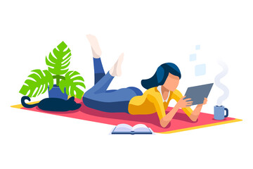 Concept of freelancer at home set. Working relaxed, work comfortable, set of workplaces with homes and characters. Freelancer woman on freelance concept. Isometric Illustration Vector Design.